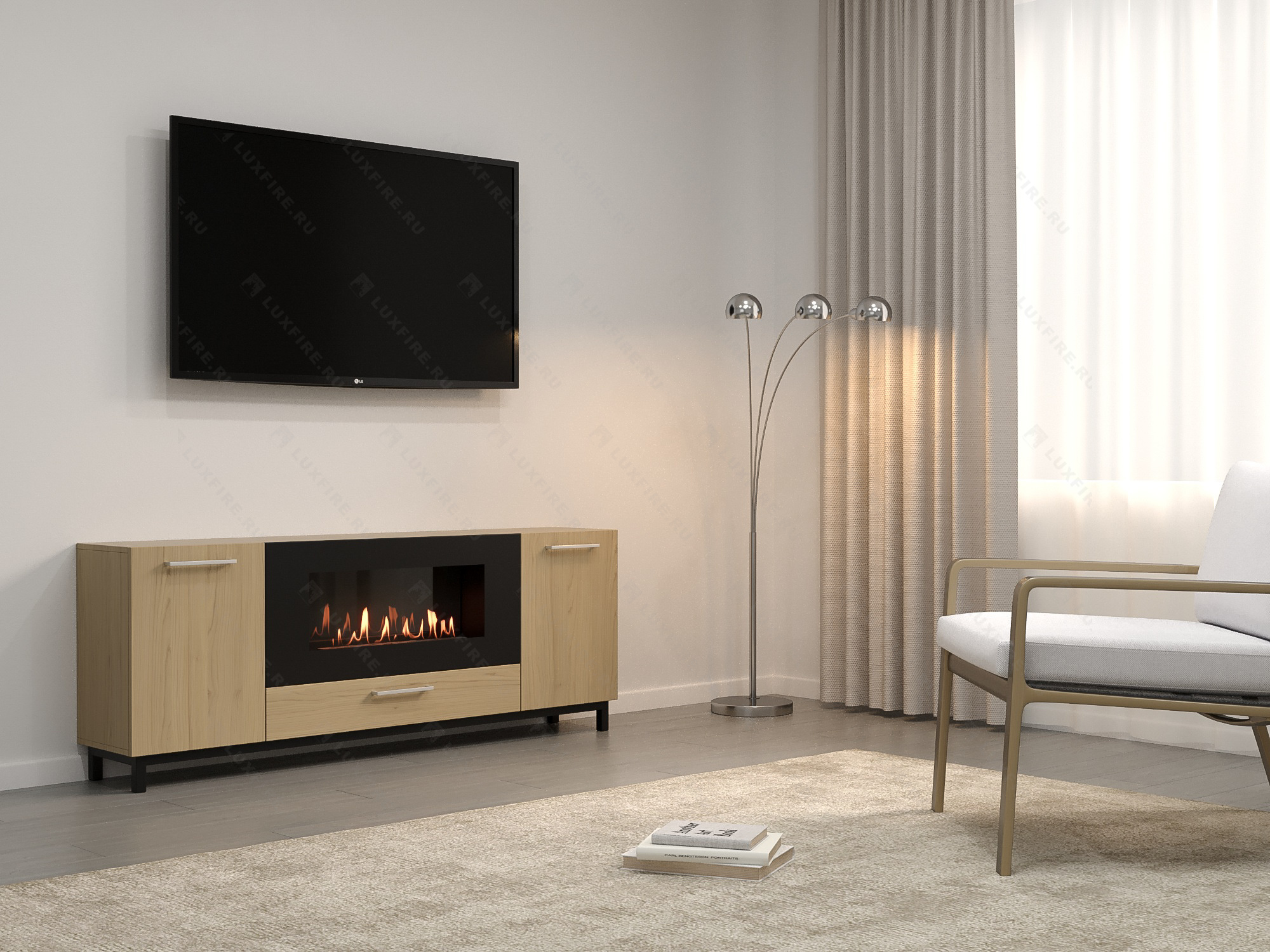 Тумба ТВ Lux Fire "Амур" напольная 1700 матовая, светлый дуб с биокамином 900 по цене 96 124 руб.